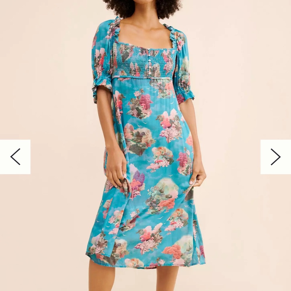 Turquoise Floral Square-Neck Midi Dress